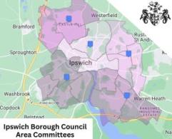 Image shows Area Committees social media graphic over a map of Ipswich