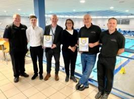 The Ipswich Fit Swimming Pools team with Cllr Rudkin and the two rating certificates