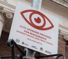 Image shows a Safer Streets sign for CCTV in Ipswich town centre