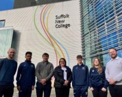 Three Suffolk College sports students with IBC and Suffolk New College representatives