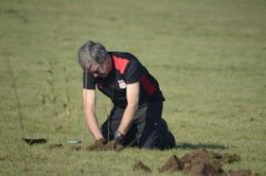 Image shows an Ipswich Tree Warden Volunteer planting a tree