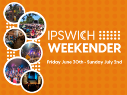 Image shows Ipswich Weekender text and dates 30 June to 2 July 2023 with a montage of music images