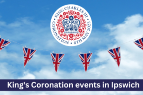 Image shows King's Coronation events in Ipswich text with Coronation logo and bunting