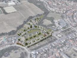 Image shows an aerial image (architects impression) of the Ravenswood development