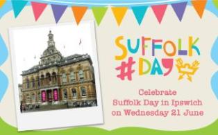 Image shows Suffolk Day logo with Ipswich Town Hall - credit Suffolk County Council