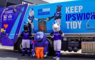 Recycling mascot DiGBY with Bluey and Crazee outside Portman Road