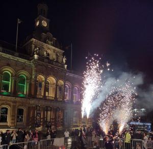 Picture shows firedancers on Ipswich Cornhill