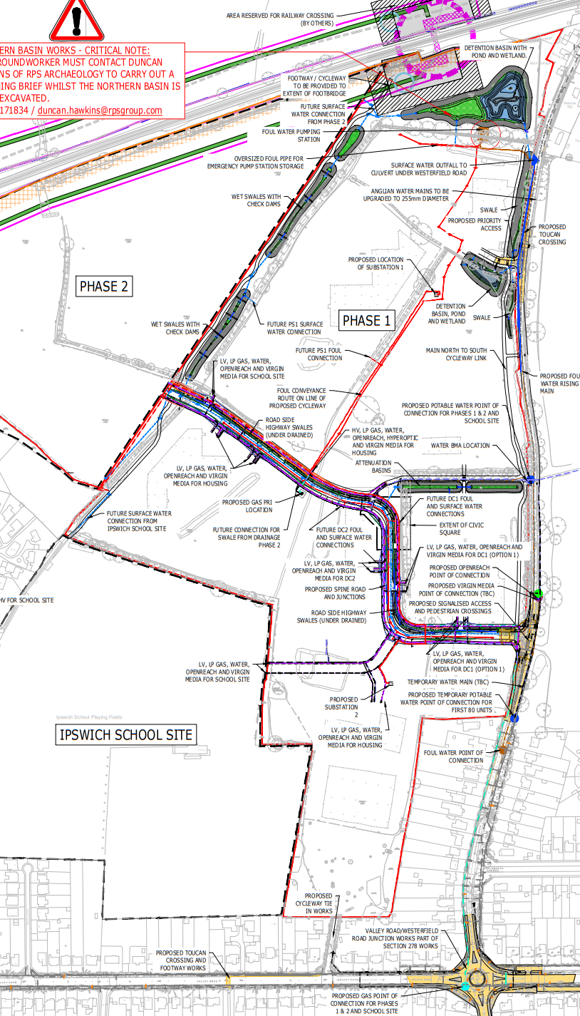 Approved plan showing the core infrastructure works for phase 1-4 and a-c of the Fonnereau Neighbourhood