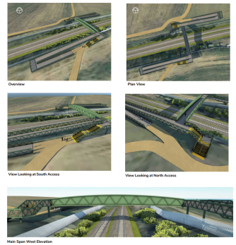 3D visualizations of the pedestrian and cycle bridge over the railway line associated with IGS