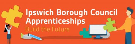 Graphic showing people holding jigsaw pieces with text Ipswich Borough Council Apprentieships build the future