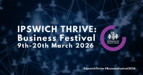 Dark blue background with networking image, with white text displaying the title Ipswich Thrive Business Festival and the dates. 