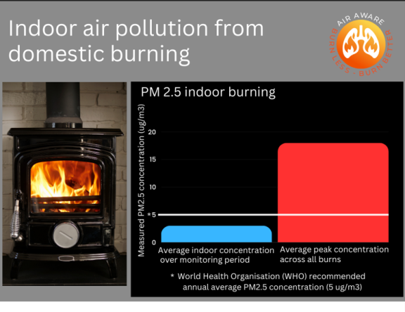 Graph showing increase in PM2.5 concentrations through domestic burning at home
