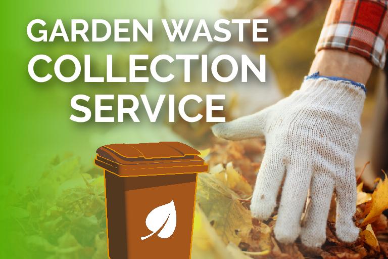 An image showing someone clearing leaves in a garden with the text: Garden Waste Collection service