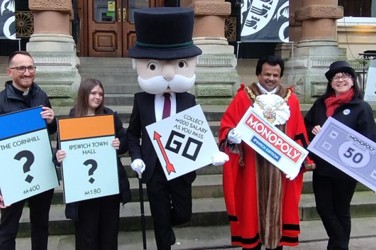 Mr MONOPOLY visiting the Town Hall in Ipswich