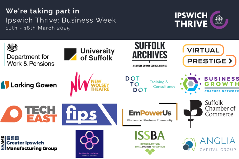 Ipswich Thrive Business Week graphic with logos of partner organisations.