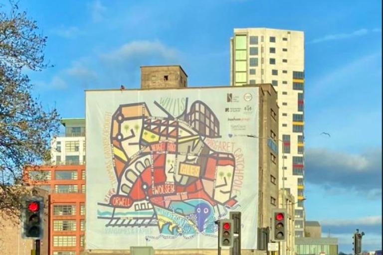 Mural covering the side wall of the Paul's Silo building on Ipswich Waterfront