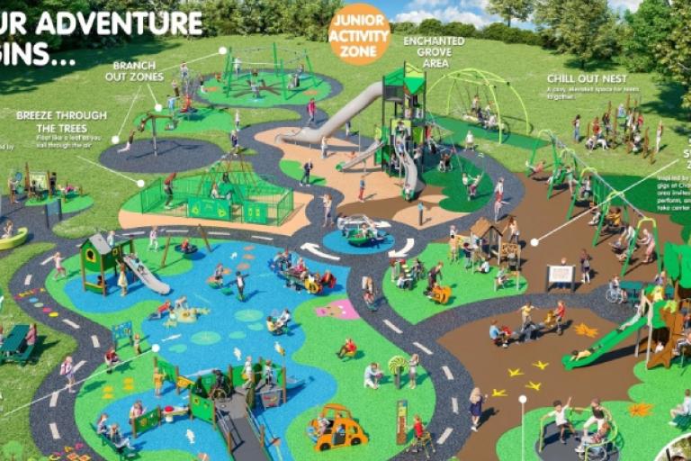 A graphic showing what the new play area in Chantry Park could look like by Kompan