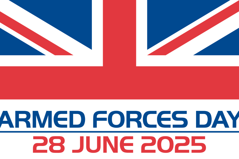 Top part of the UK Union Flag with text Armed Forces Day 28 June 2025