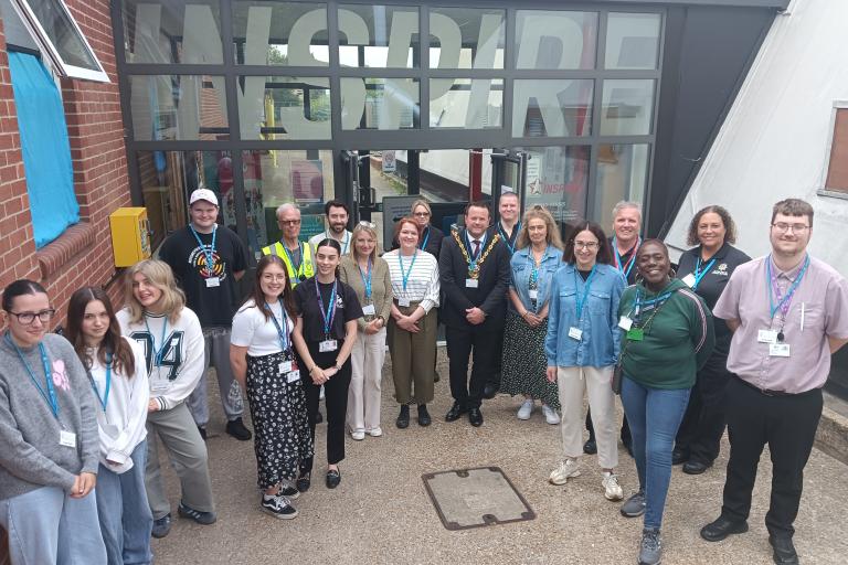 A group of staff and volunteers with the Mayor of Ipswich outside the Inspire building