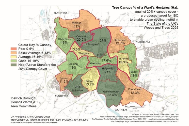 Map showing tree cover in Ipswich