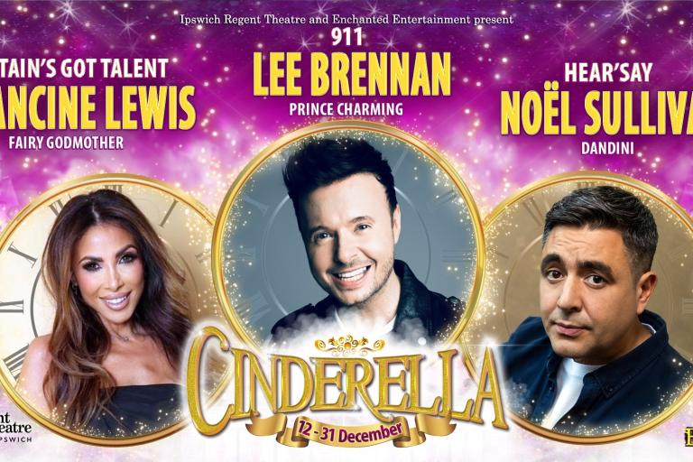 A theatre poster showing main cast members for pantomime Cinderella