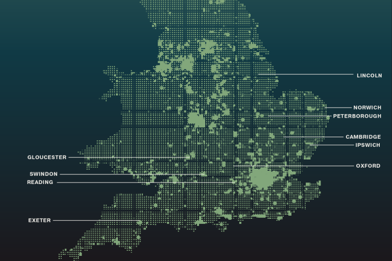 An outline map of England with built up urban areas labelled