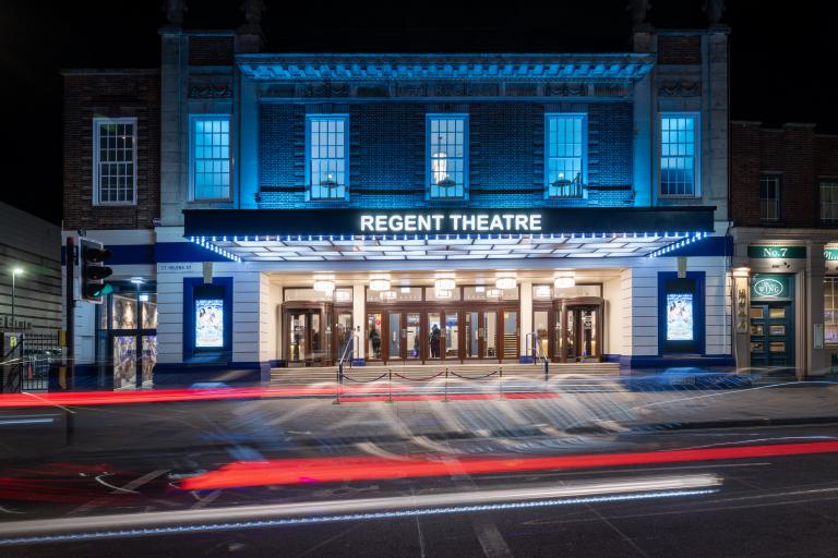 Outside the Regent Theatre Ipswich at night after multi-million pound upgrade