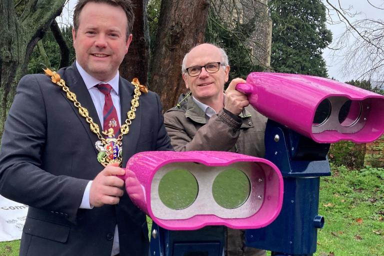 Mayor of Ipswich and Council Leader beside AR VR binocular viewers 