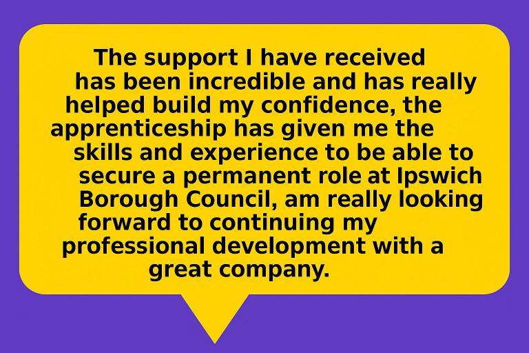 A speech bubble shape showing a quote from an apprentice at IBC