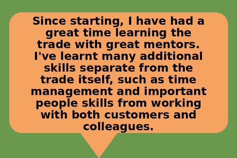 A speech bubble shape showing a quote from an apprentice at IBC