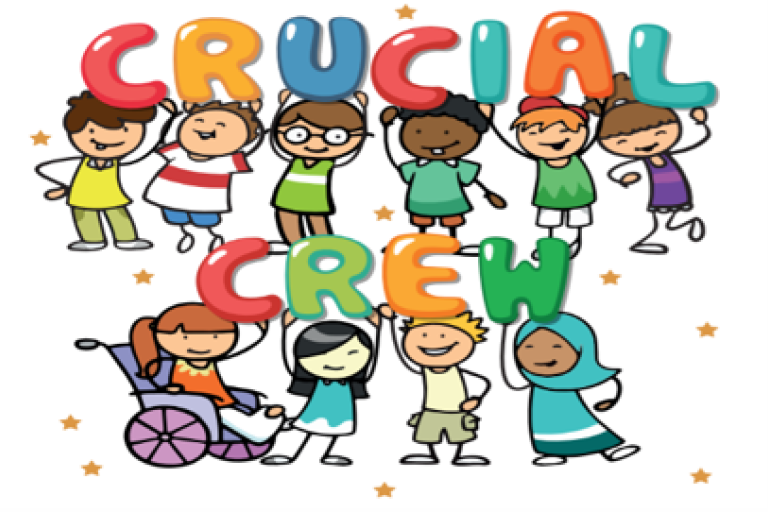 Colourful cartoon showing young people around a Crucial Crew logo