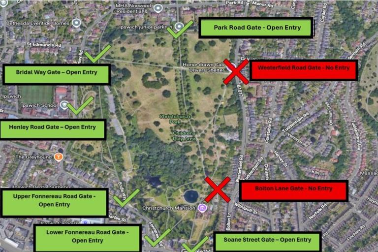 Gate map to show entrances and exits available at Christchurch park on 4th May 2026