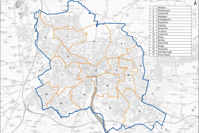Map of the proposed areas for the Ipswich comunity governance review