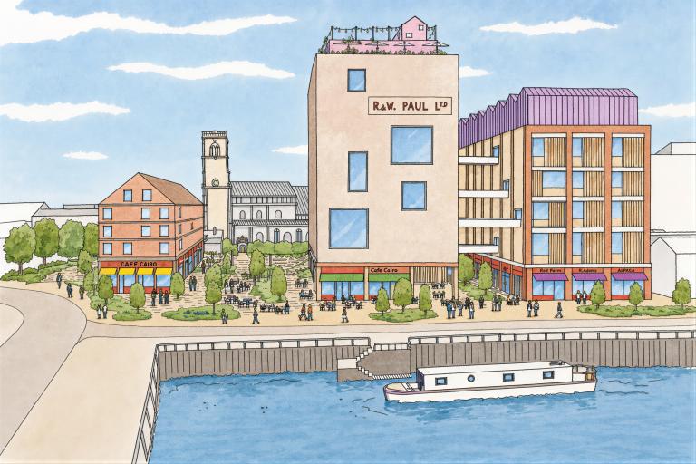 Artists impression waterfront gateway Ipswich with St.Paul's Silo