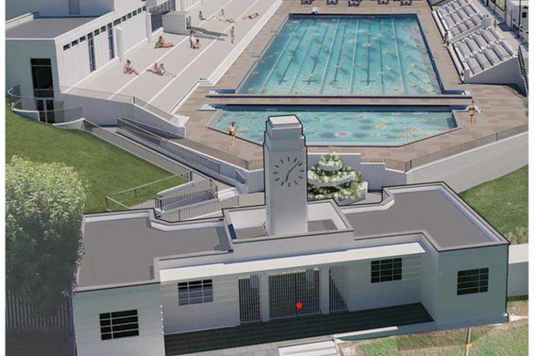 A drawing showing propsed design for a renovated outdoor public swimming pool