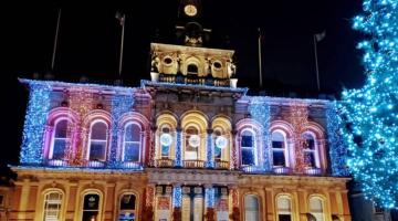 Ipswich Town Hall with Christmas lights