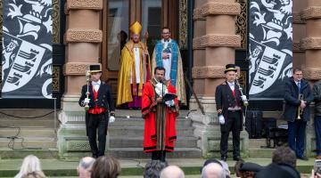 Mayor of Ipswich reading a Proclamation on the steps of the Town Hall