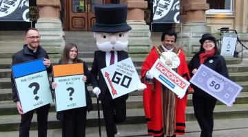 Mr MONOPOLY visiting the Town Hall in Ipswich