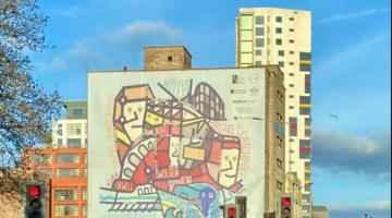 Mural covering the side wall of the Paul's Silo building on Ipswich Waterfront