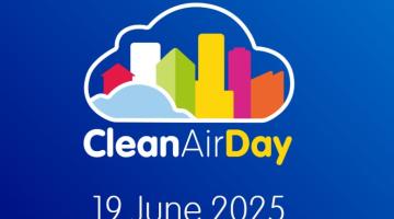 A logo for Clean Air Day 19 June 2025 showing buildings in a cloud against a blue background