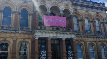 A building with a banner