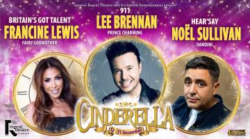 A theatre poster showing main cast members for pantomime Cinderella
