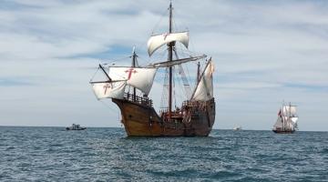 Replica of a 15th century sailing ship at sea