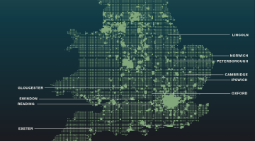 An outline map of England with built up urban areas labelled