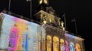 Ipswich Town Hall at night with festive decorations
