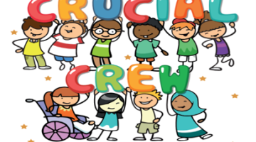 Colourful cartoon showing young people around a Crucial Crew logo