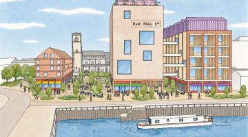 Artists impression waterfront gateway Ipswich with St.Paul's Silo