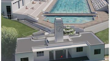 A drawing showing propsed design for a renovated outdoor public swimming pool