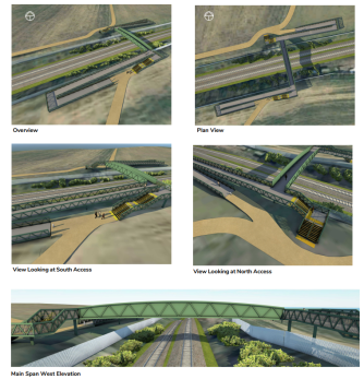 3D visualizations of the pedestrian and cycle bridge over the railway line associated with IGS 