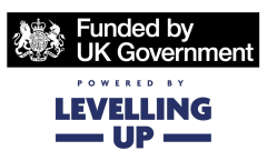 Funded by UK Government black and white logo with Powered by Levelling Up text in blue